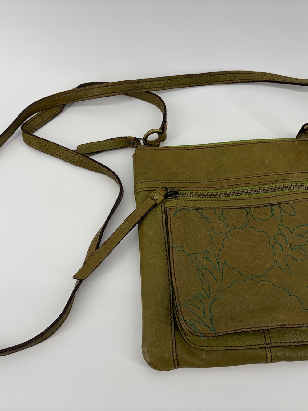 Fossil Avocado Green Leather Crossbody, Vacation, Travel, Floral Pattern